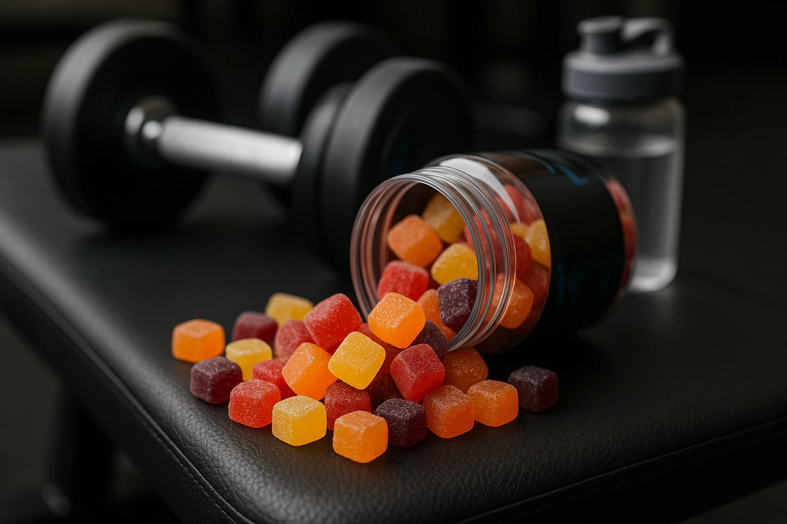 A close-up image of a colorful assortment of creatine gummies spilling out of a branded jar on a gym bench, with dumbbells and a water bottle in the background.