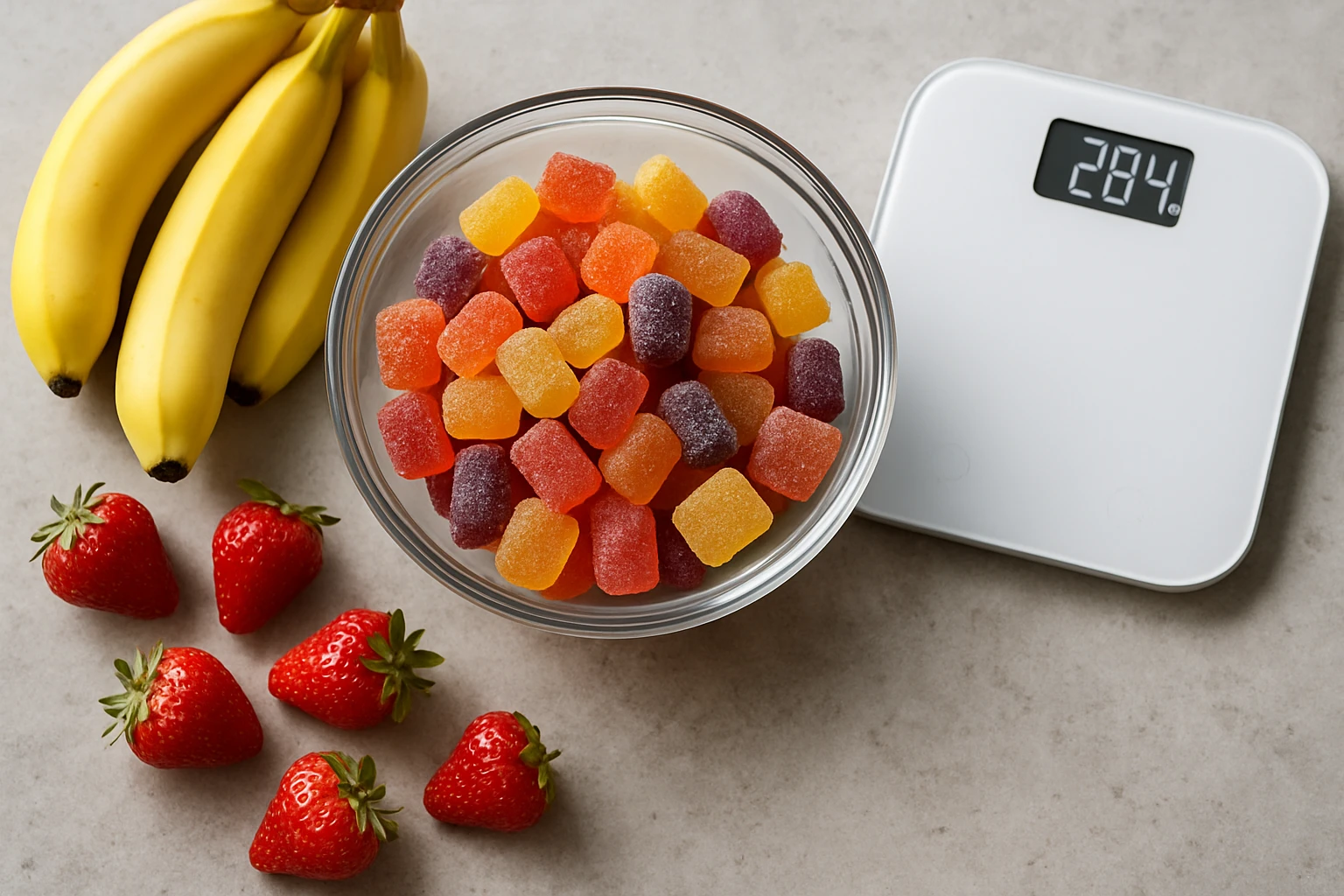A top-down view of a kitchen countertop with a transparent glass bowl filled with multicolored creatine gummies, surrounded by fresh fruits like bananas and strawberries, and a digital smart scale nearby displaying weight measurements.