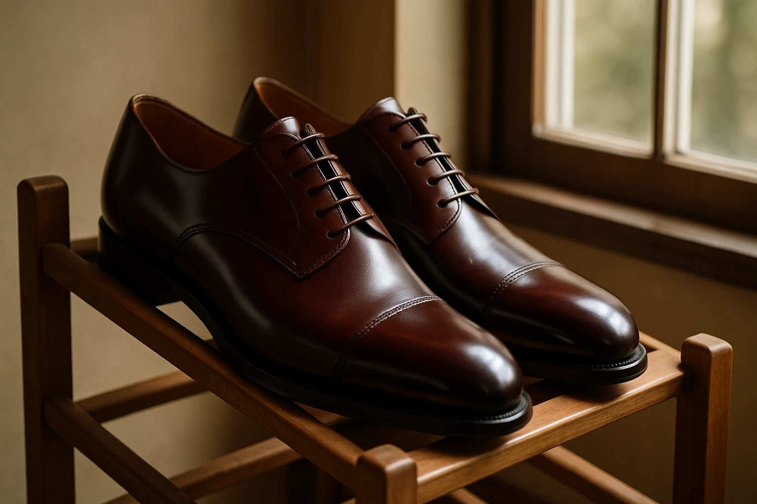 A pair of sleek, polished leather Oxford shoes sitting elegantly on a wooden shoe rack, with soft natural light streaming through a nearby window, highlighting their deep mahogany color and expert craftsmanship.