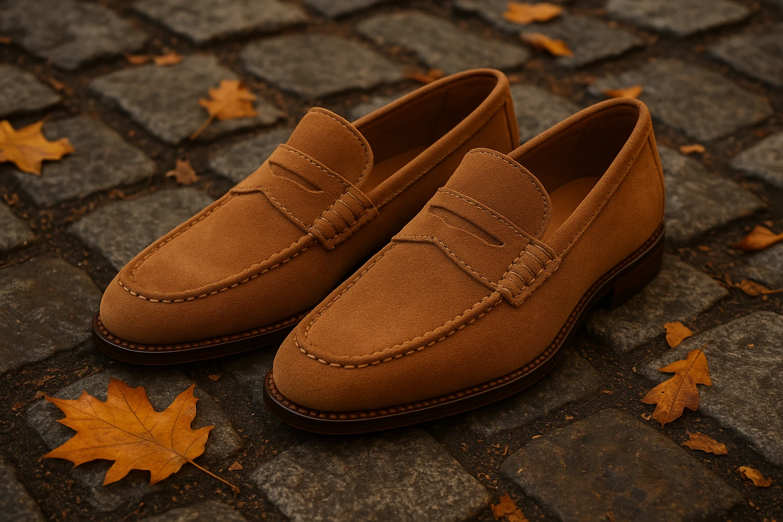 A pair of meticulously handcrafted suede loafers displayed on a rustic cobblestone street, with fallen autumn leaves scattered around, highlighting the textured material and artisanal stitching in warm, natural hues.