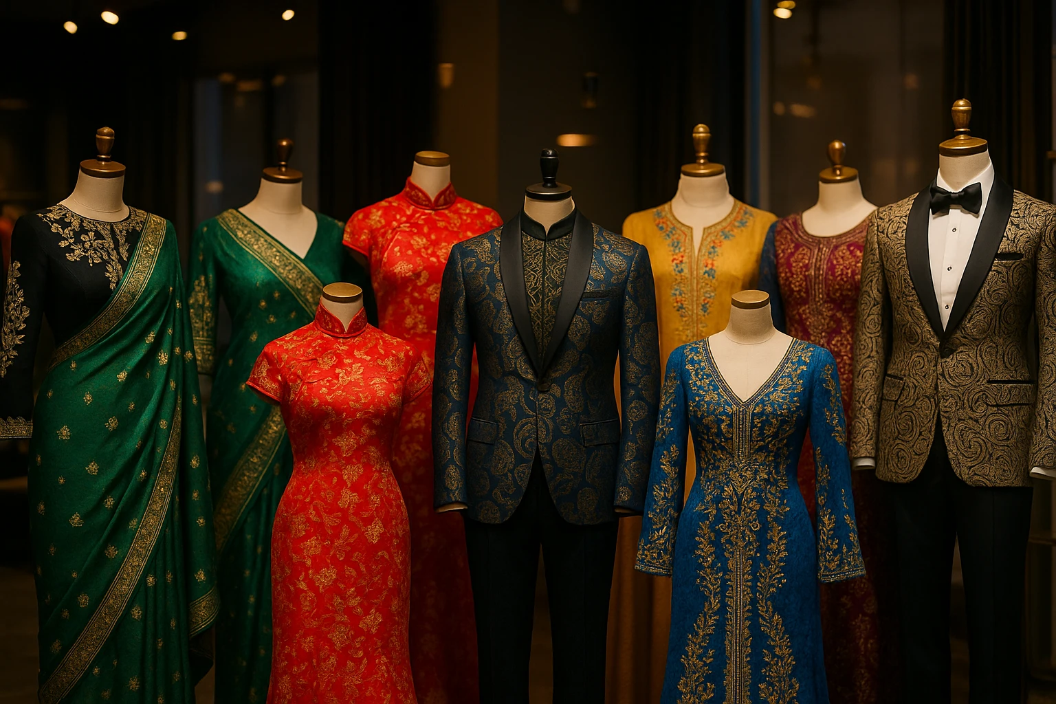 A vibrant display of international evening wear from various cultures, featuring intricate gowns and suits adorned with unique patterns and luxurious fabrics, elegantly arranged on mannequins in a chic boutique setting with ambient lighting highlighting their textures and colors.