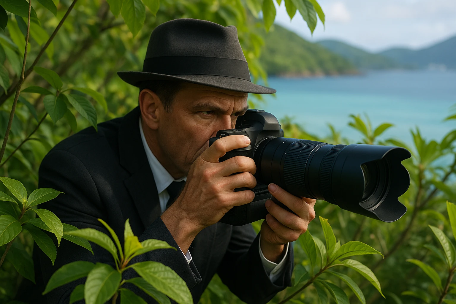A private investigator discreetly using a high-tech camera with a long lens while hidden among the vibrant foliage of Tortola's lush landscape, capturing evidence from a distance against the backdrop of serene Caribbean waters.