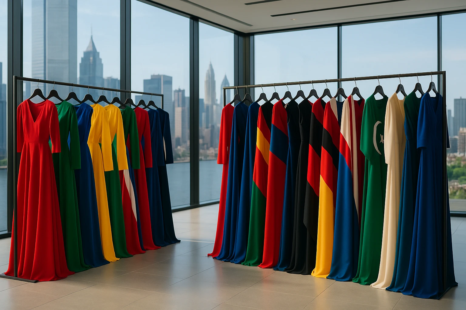 Rows of colorful international evening gowns displayed on sleek racks in a modern boutique, with city skyline visible through a large glass wall, highlighting the global reach of fashion brands.