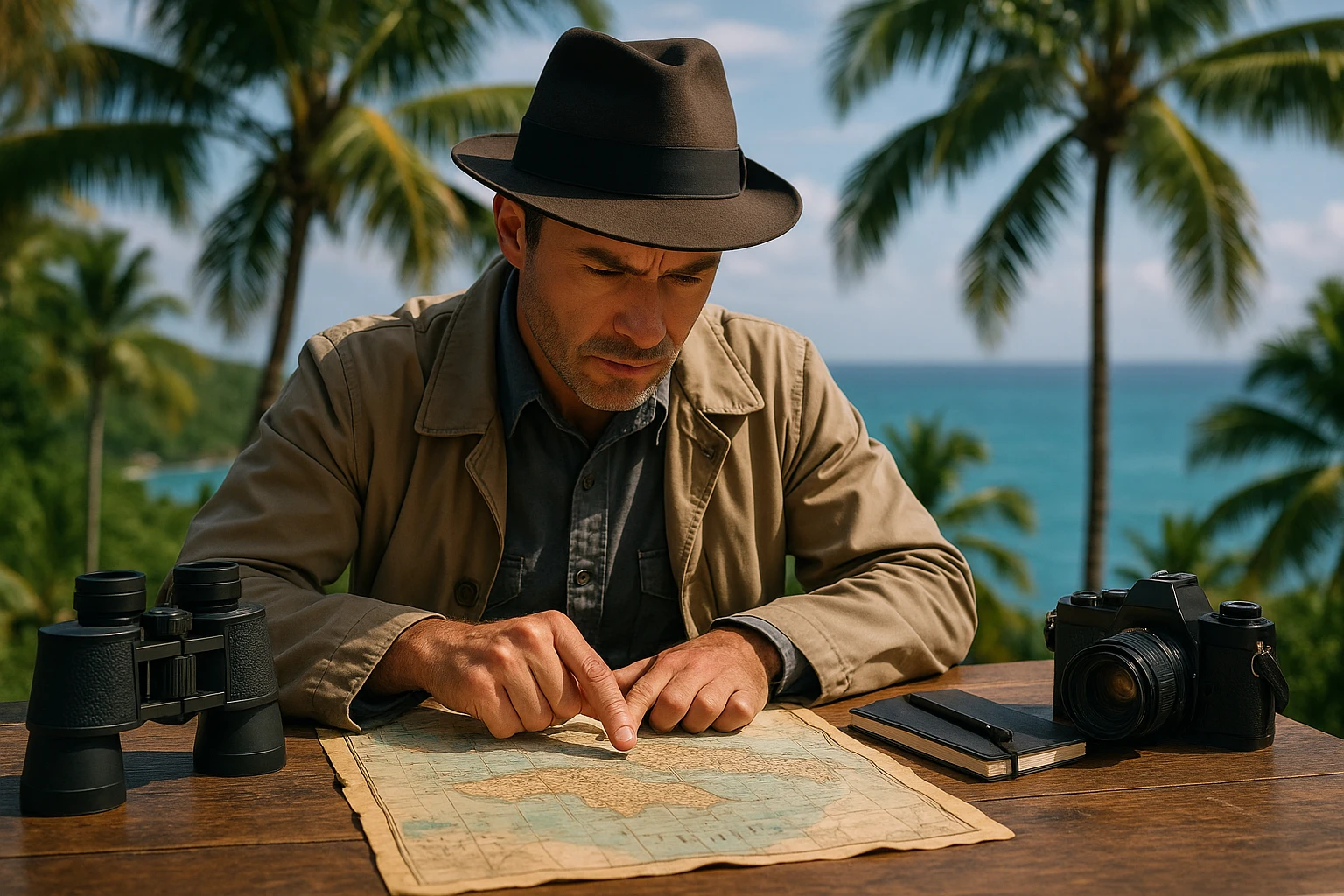 A private investigator on Saint Thomas examines a well-worn map of the island, surrounded by tools like binoculars, a notebook, and a camera, set against a backdrop of palm trees and a distant ocean view.