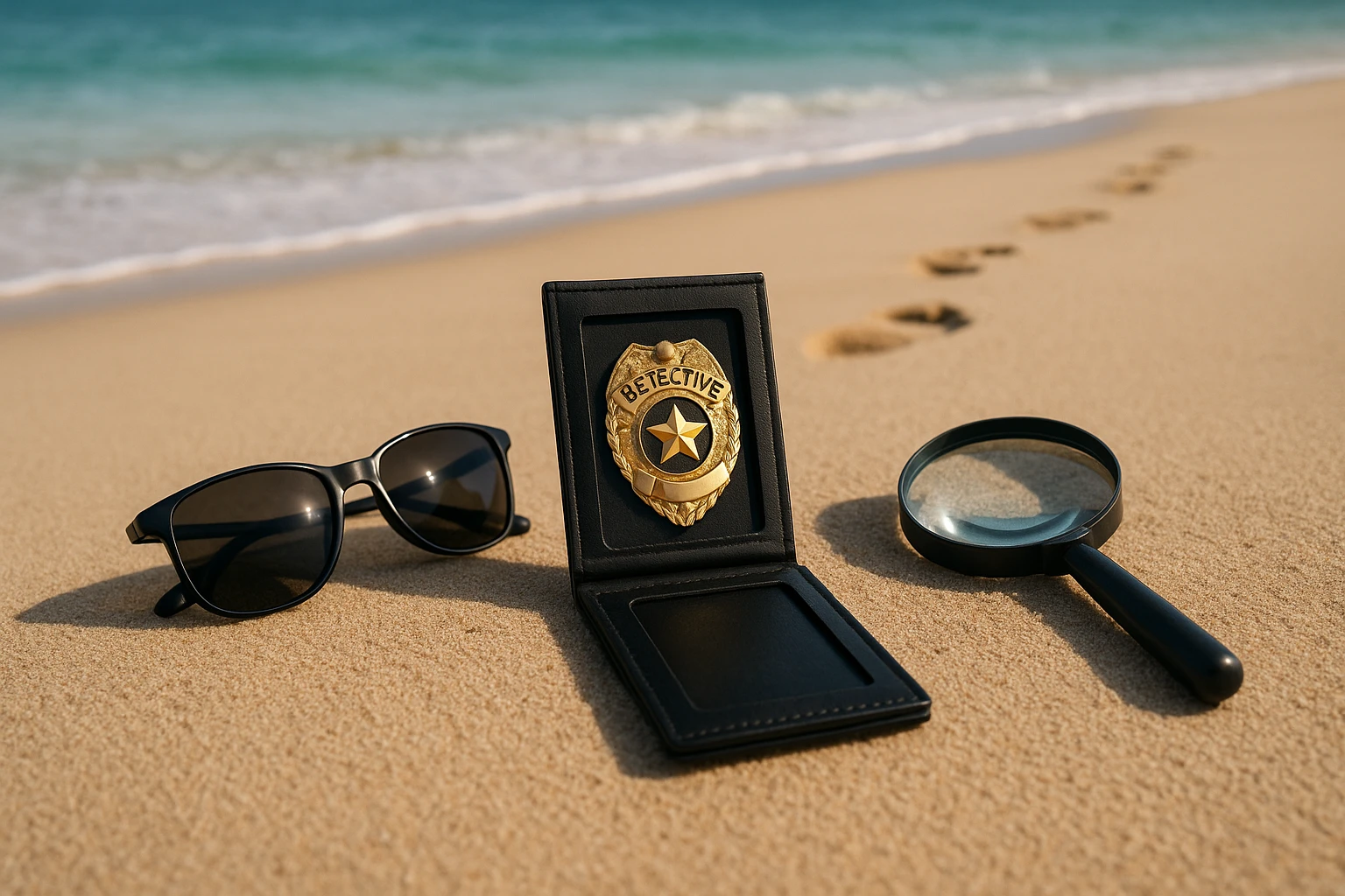 A detective's identification badge lying on a sandy beach next to a pair of sunglasses and a magnifying glass, with footprints leading towards the turquoise ocean waves in the distance.