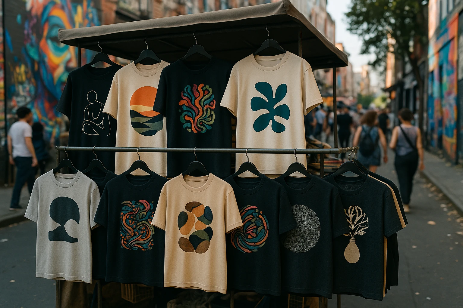 A bustling street market stall showcasing an array of graphic tees with unique designs, featuring everything from minimalist artwork to intricate abstract patterns, set against the backdrop of a lively urban scene with vibrant street art on nearby walls.