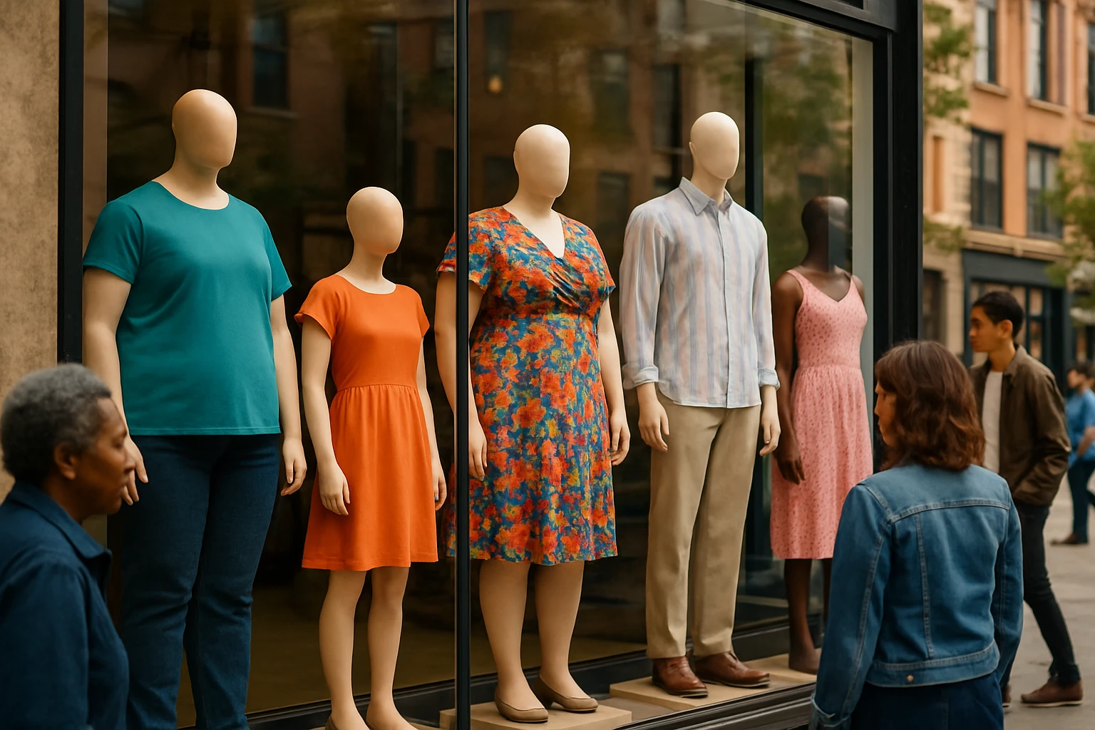 A vibrant storefront display featuring mannequins dressed in a wide range of clothing sizes, with fabrics in an array of colors and patterns, set against an urban backdrop with passersby engaging with the welcoming atmosphere.