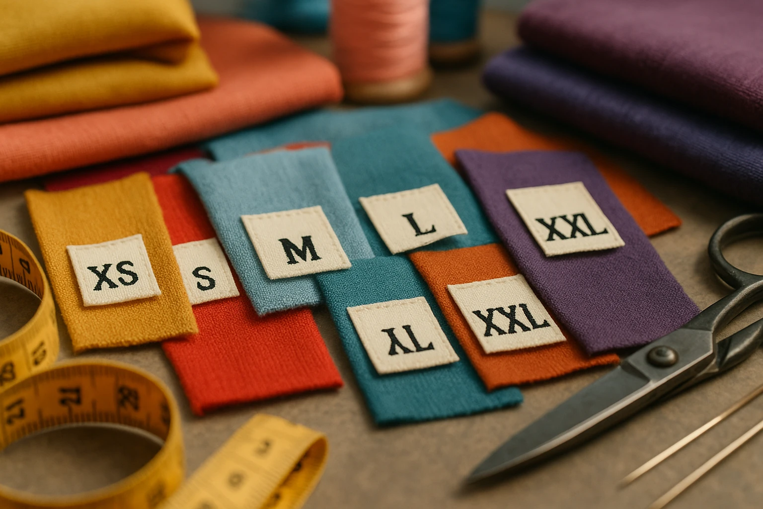 A close-up of diverse clothing tags displaying a range of sizes from small to plus-size, set against a background of colorful fabrics and threads in a fashion studio, with tailoring tools like a measuring tape and scissors scattered nearby.