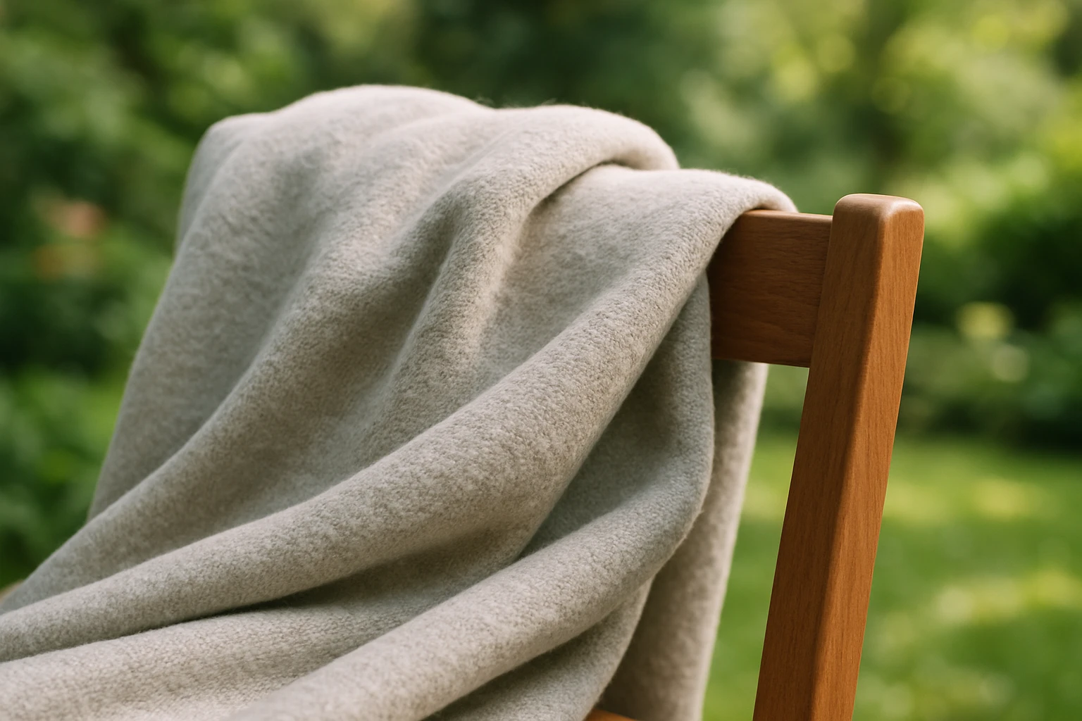 A close-up of soft, breathable fabric draped over a wooden chair, highlighting its texture and comfort, with a serene garden visible in the background, suggesting a harmonious blend of style and nature.