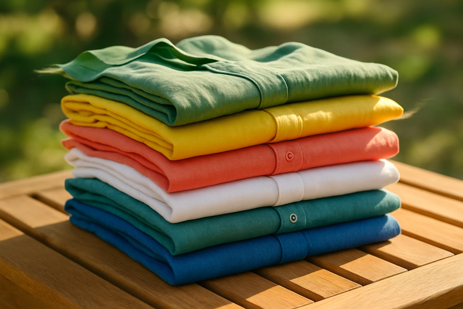 A stack of neatly folded bamboo and cotton shirts in vibrant colors resting on a sunlit wooden bench, with a soft outdoor breeze gently ruffling the fabric edges, illustrating their breathability and comfort.