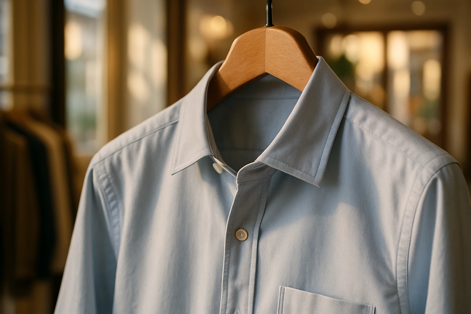 A close-up of a finely stitched, soft cotton shirt with a subtle sheen, hanging elegantly on a wooden clothes hanger in a sunlit boutique, highlighting its premium fabric and tailored fit.