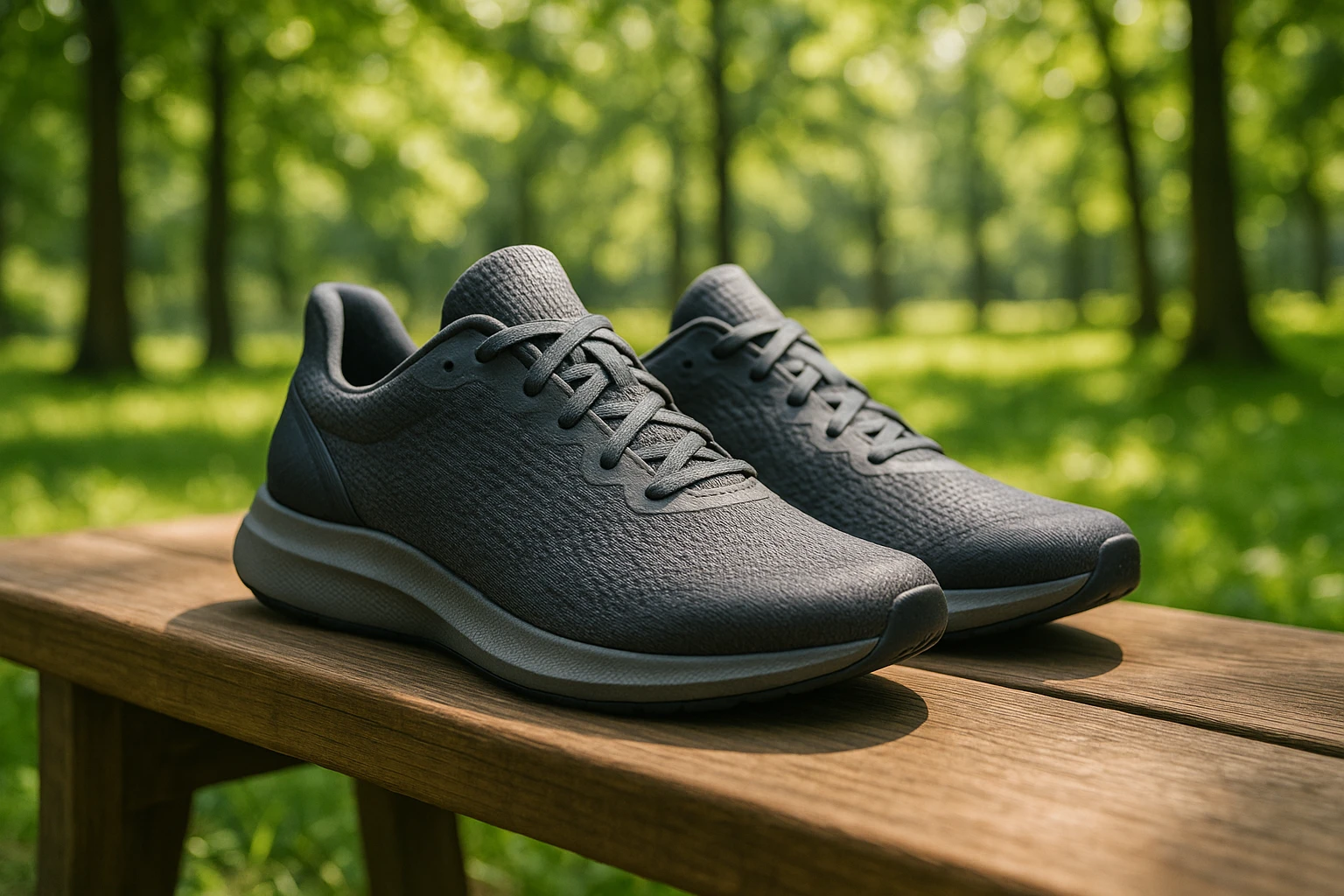 A sleek pair of premium sneakers displayed on a wooden bench in a lush, sunlit park, with their moisture-wicking fabric and temperature-regulating fibers subtly highlighted by the natural light filtering through the trees.