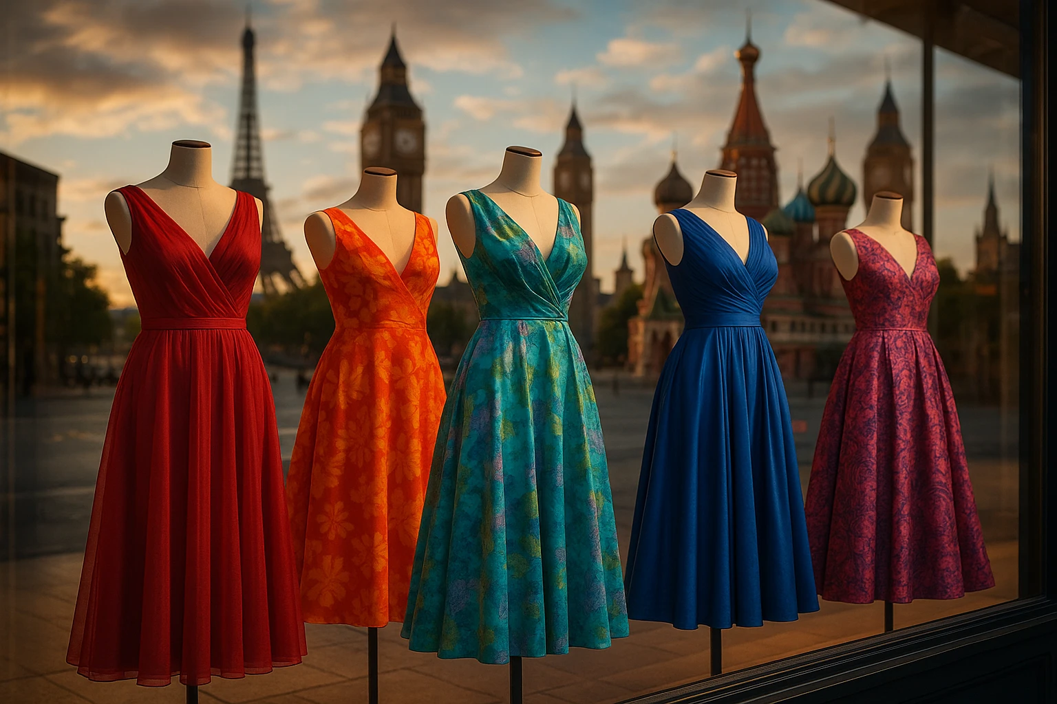 A vibrant scene of colorful evening gowns displayed on mannequins in a boutique window, each showcasing unique patterns and fabrics, with a backdrop of iconic global landmarks subtly reflected in the glass.