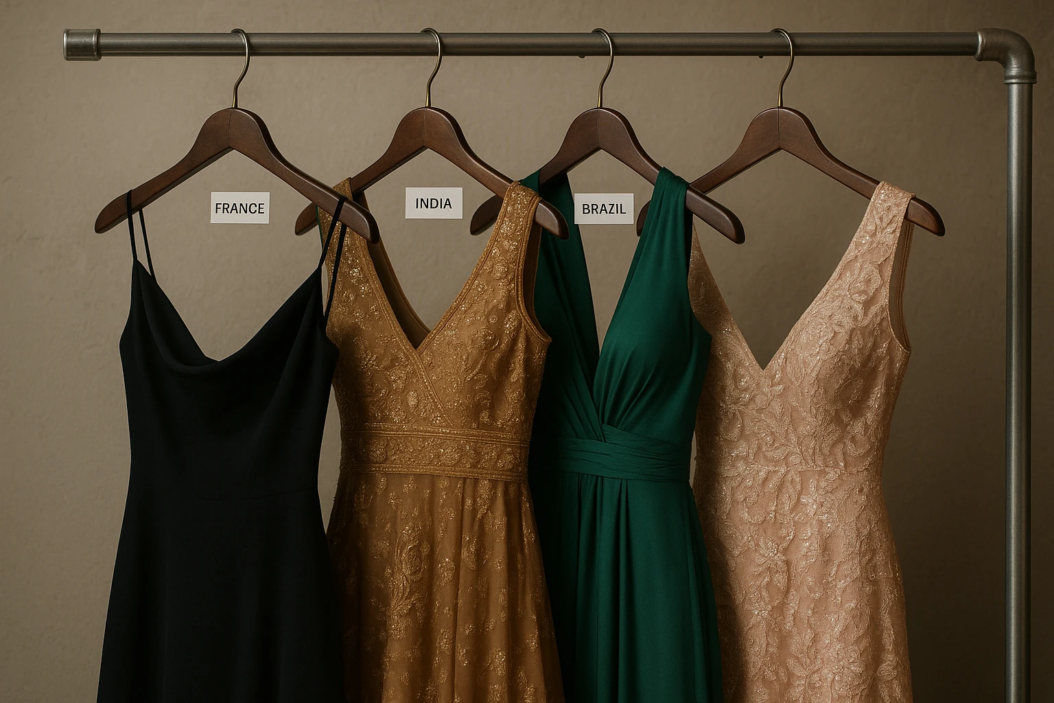 A close-up image of a beautifully arranged selection of international evening wear displayed on hangers against a textured wall, with distinct tags highlighting the country of origin for each garment, such as 