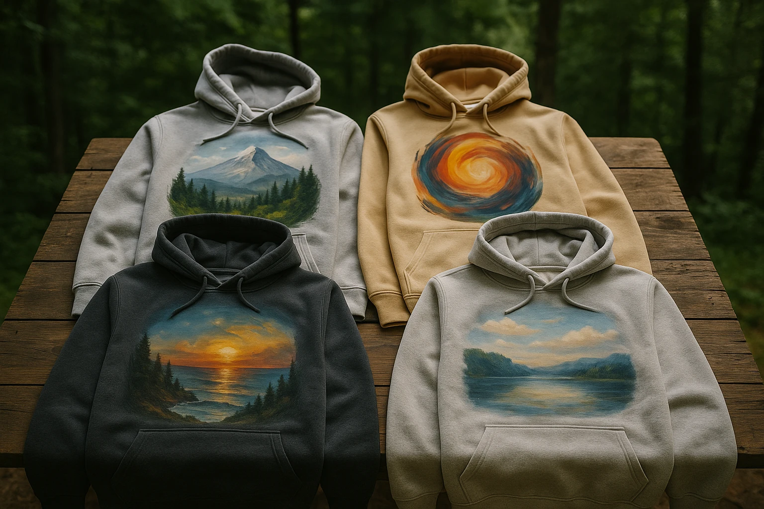 A collection of custom cozy hoodies displayed on a rustic wooden table, each featuring unique, hand-painted designs of landscapes and abstract art, set against a backdrop of lush, green forest.