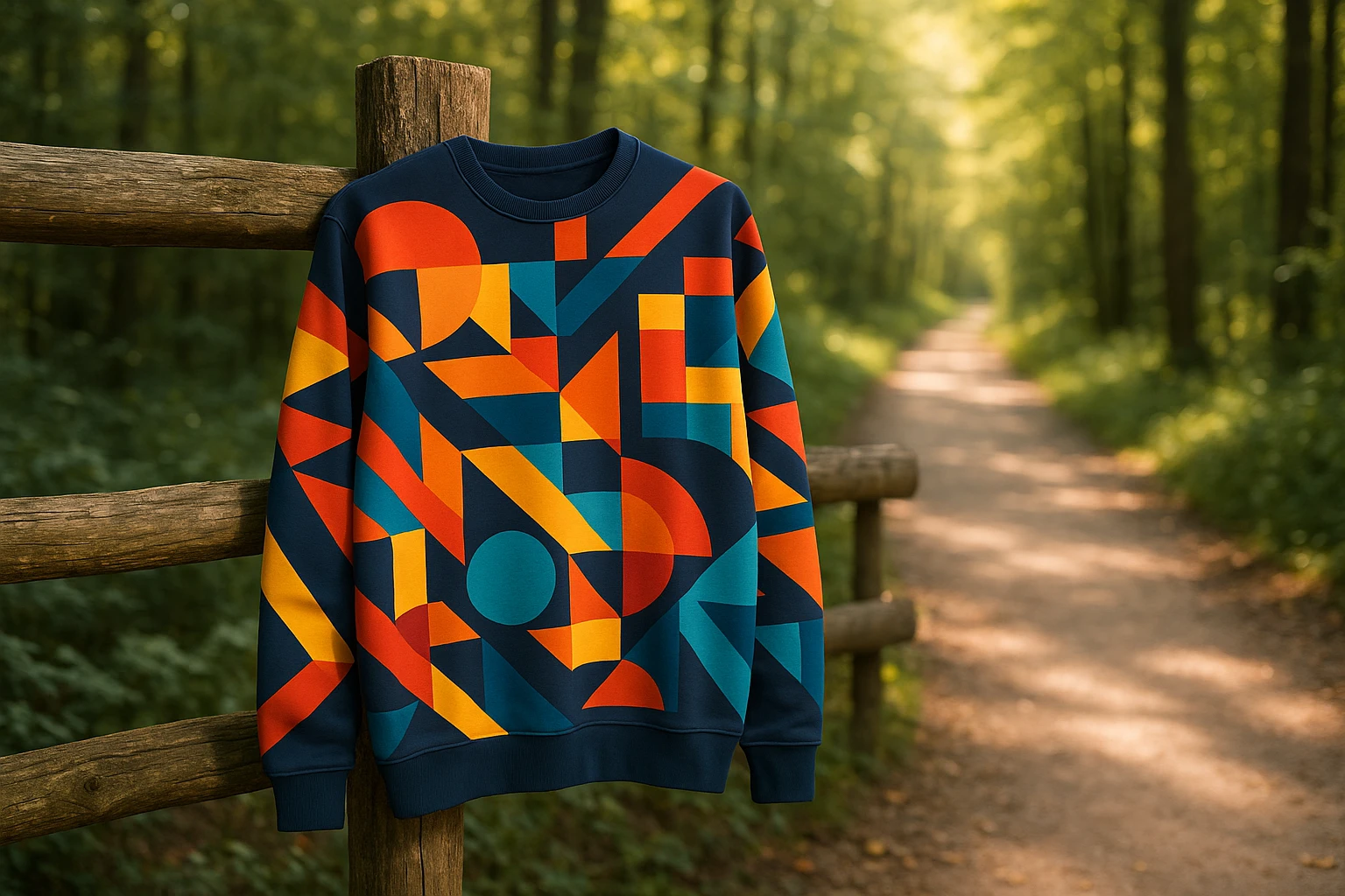 A vibrant graphic sweatshirt featuring abstract geometric patterns hangs on a rustic wooden fence, with a sunlit forest path in the background, highlighting the contrast between urban style and natural setting.