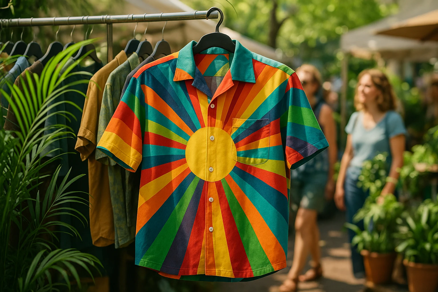 A vibrant graphic shirt with a bold, multicolored sunburst pattern hangs prominently on a rack at an outdoor market, surrounded by lush green plants and curious shoppers admiring the display.