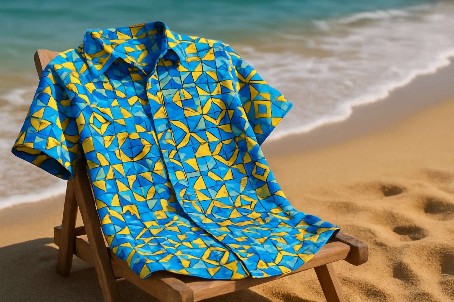 A joyful graphic shirt featuring an intricate mosaic of geometric shapes in bright blues and yellows is draped over a sandy beach chair, with a gentle ocean wave lapping at the shore in the background, capturing the essence of a lively seaside day.