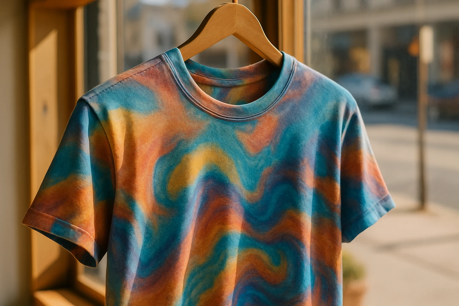 A close-up of a soft, colorful t-shirt with a unique design hanging on a wooden hanger in a sunlit boutique window, showcasing the vibrancy and craftsmanship of Tenino Ventures.