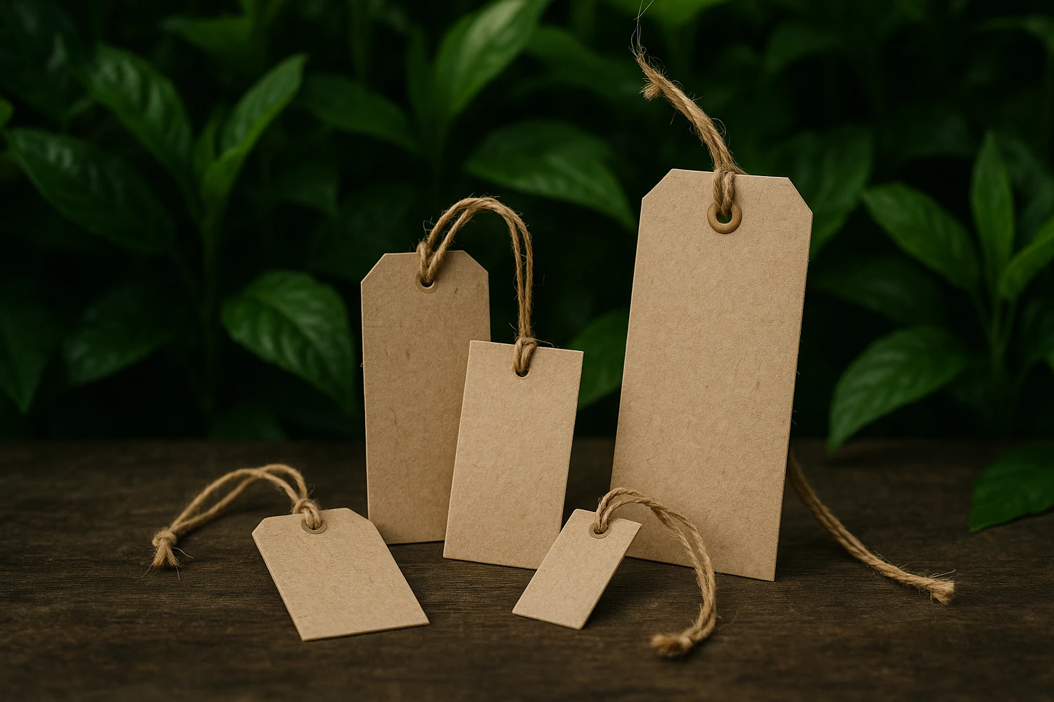 A neatly organized display of clothing tags made from recycled paper and eco-friendly inks, set against a background of lush green foliage, highlighting Tenino Ventures' commitment to sustainability.
