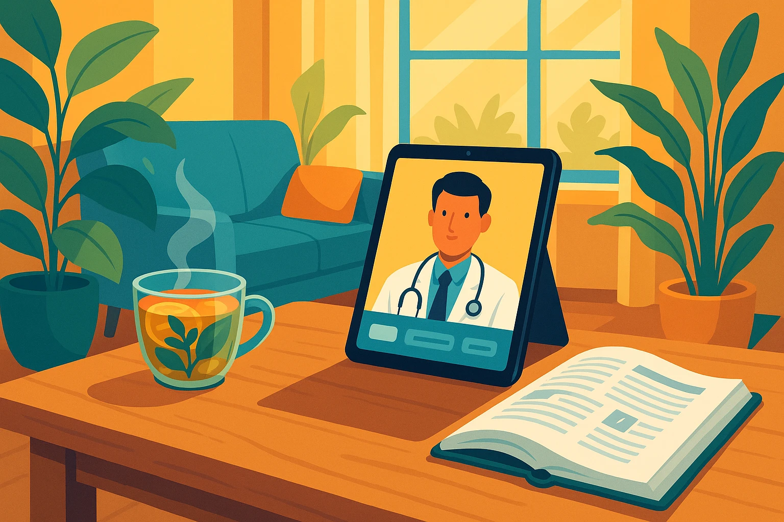 A wooden table in a sunlit living room, with a tablet displaying a virtual doctor visit interface next to a steaming herbal tea and an open medical journal, surrounded by green indoor plants.