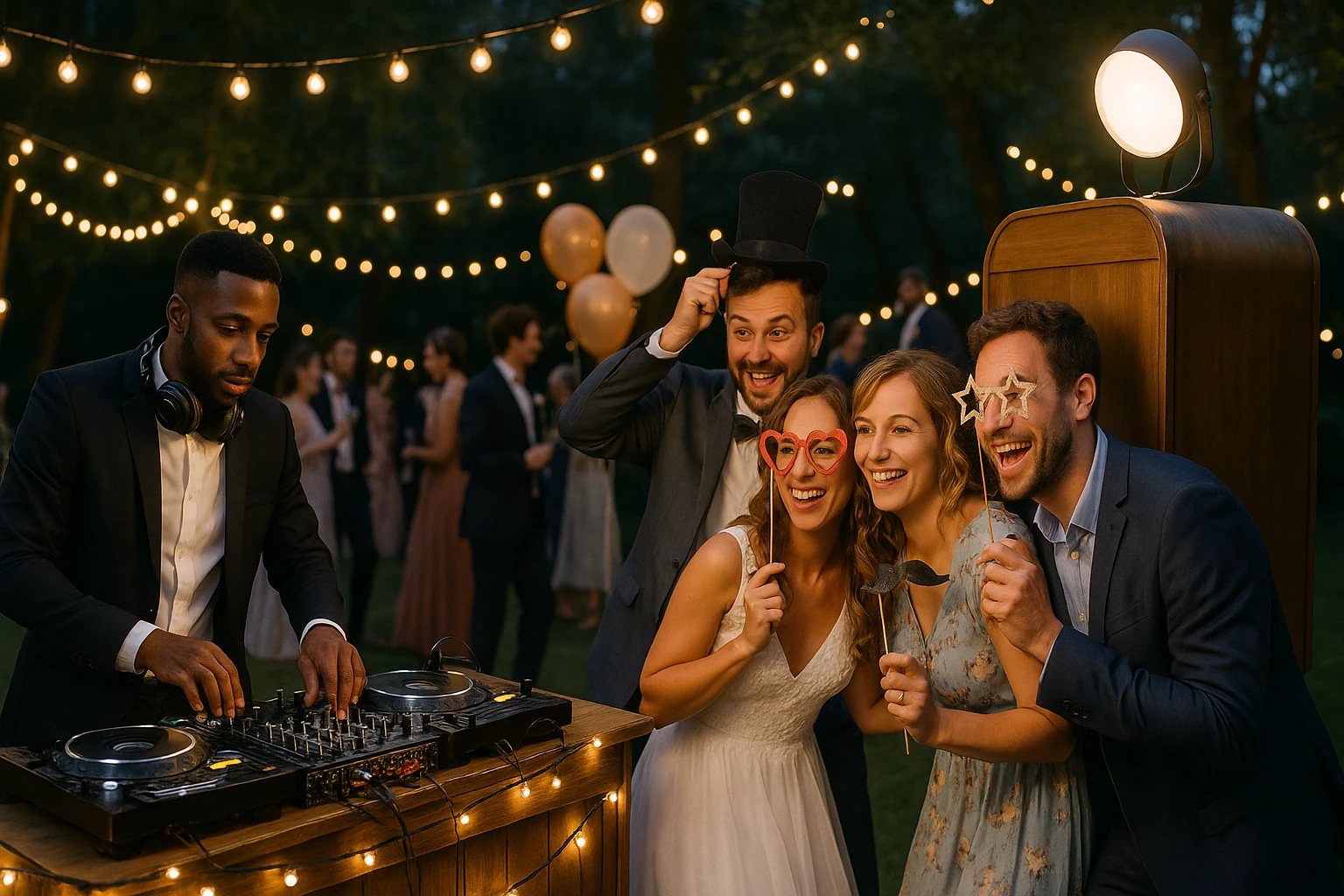 A lively outdoor wedding reception with a DJ mixing music at a festive booth adorned with string lights and balloons, while a group of guests is joyfully posing with props at a nearby vintage-style photo booth.