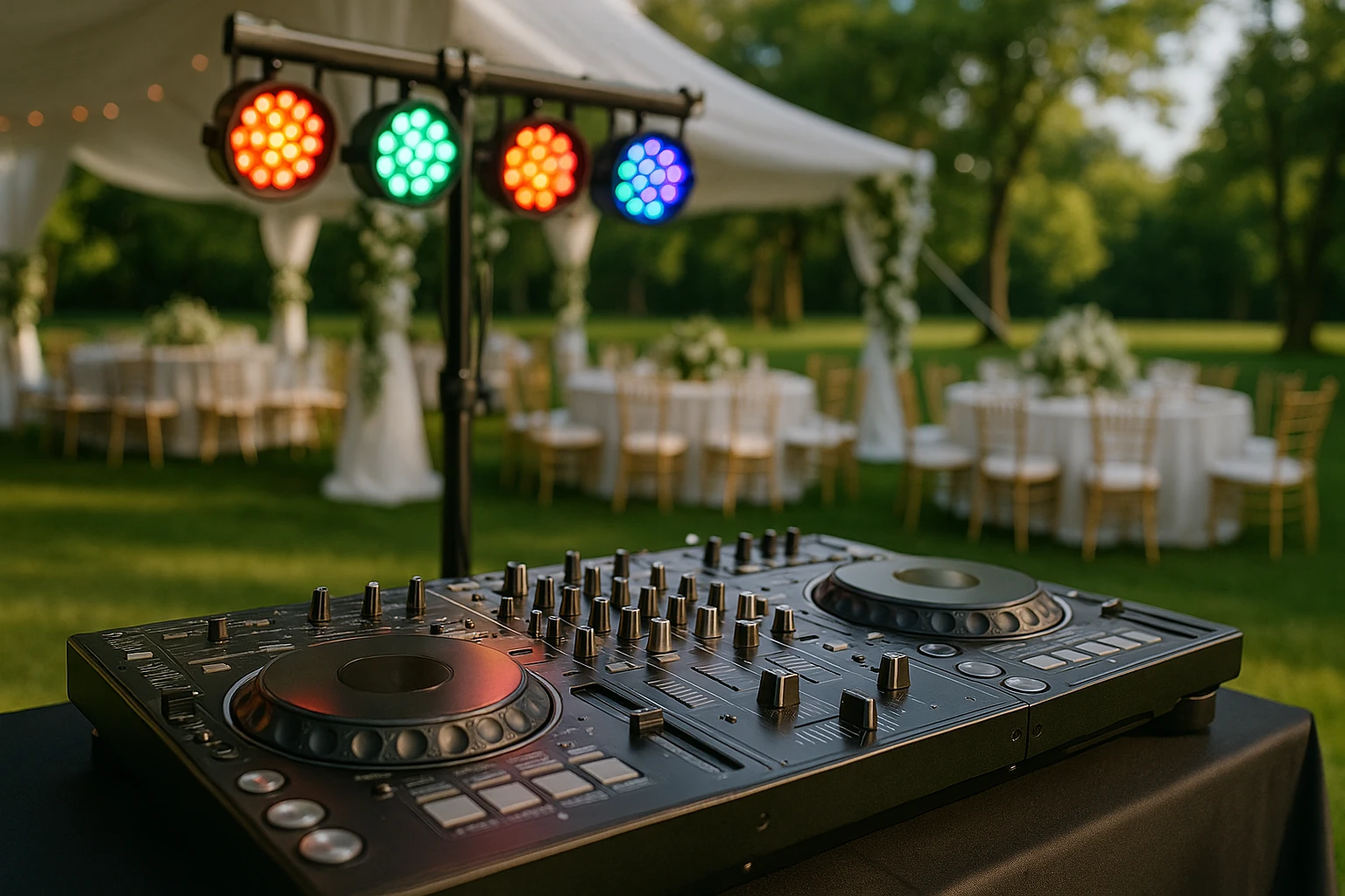 A polished DJ mixer alongside a set of vibrant stage lights, positioned on an elegantly decorated outdoor wedding venue in Michigan, capturing the essence of professional wedding entertainment.