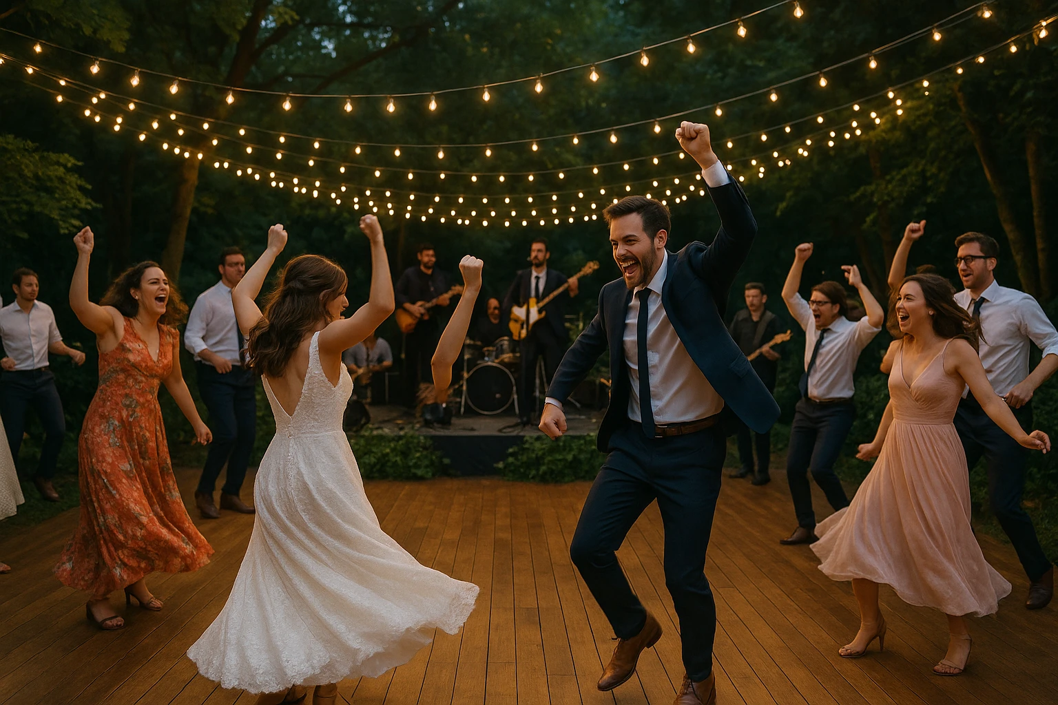 A vibrant wedding reception with a live band performing under sparkling fairy lights, guests dancing energetically on a wooden outdoor dance floor surrounded by lush greenery.