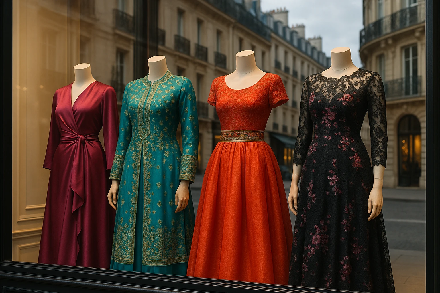 A luxurious boutique window display showcasing an array of international evening gowns, with mannequins dressed in vibrant silk and lace attire from different cultures, set against the backdrop of an elegant city street.