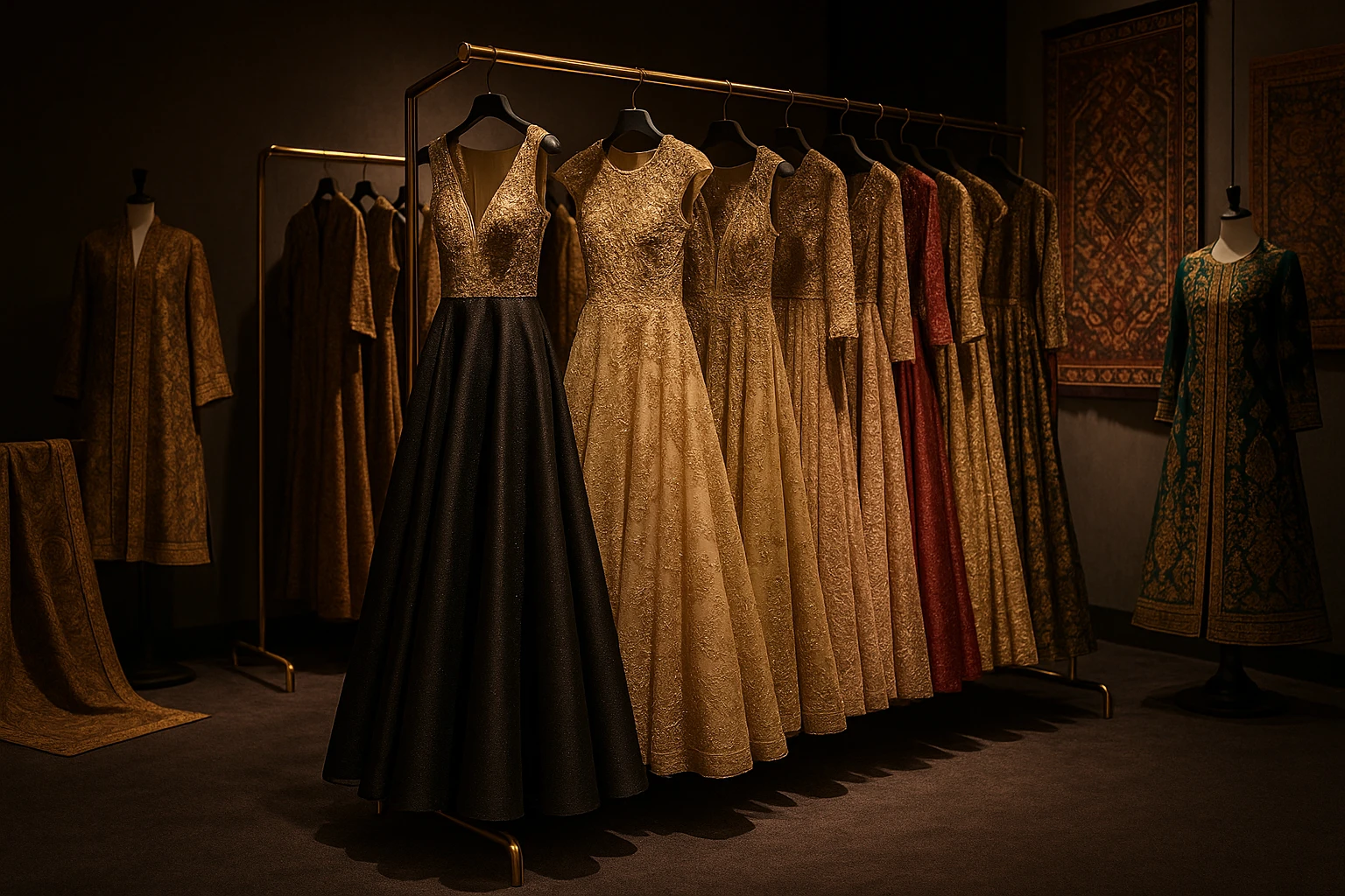 A luxurious evening wear showroom with a spotlight on an exquisite international collection, featuring elegant dresses on sleek racks, surrounded by rich fabrics and intricate patterns, and complemented by artistic displays of traditional attire from different cultures.