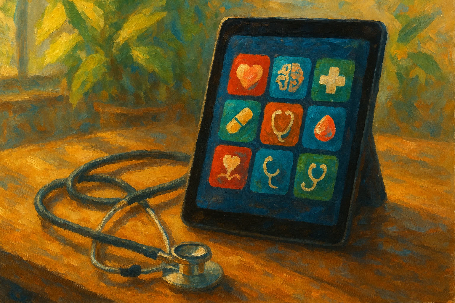 A stethoscope placed next to an AI-powered smart device displaying vibrant icons of healthcare apps, set on a wooden table with sunlight streaming through nearby leaves, highlighting the convergence of technology and healthcare.