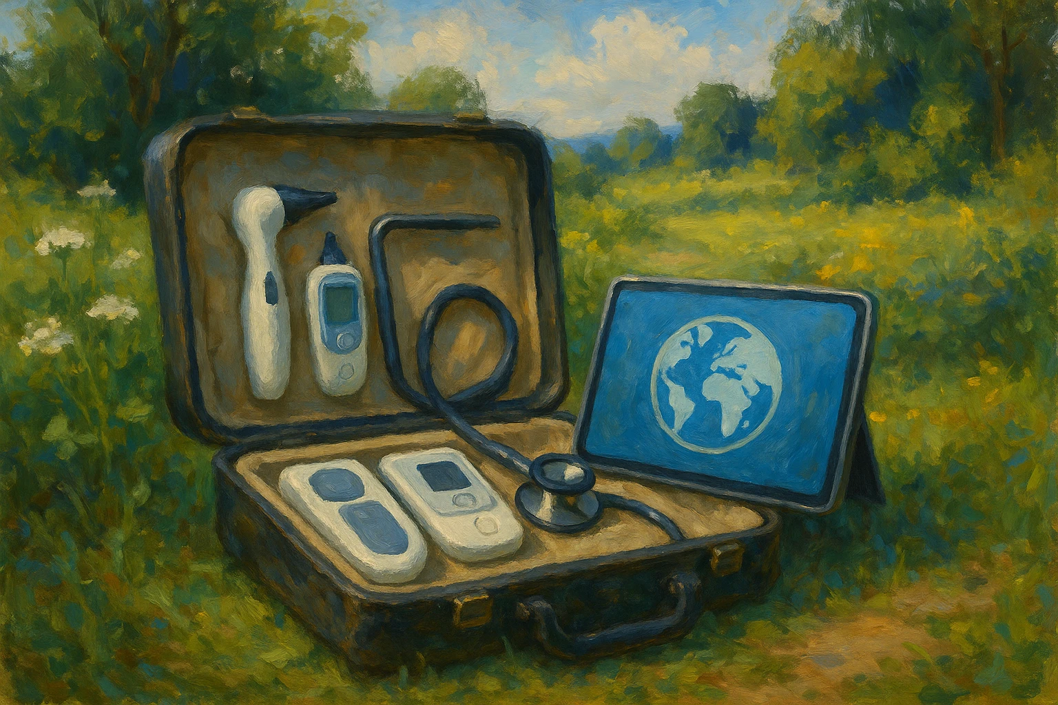 A compact medical diagnostic kit open in a serene garden, displaying smart diagnostic tools and a portable digital assistant, symbolizing seamless global health consultation amidst nature.