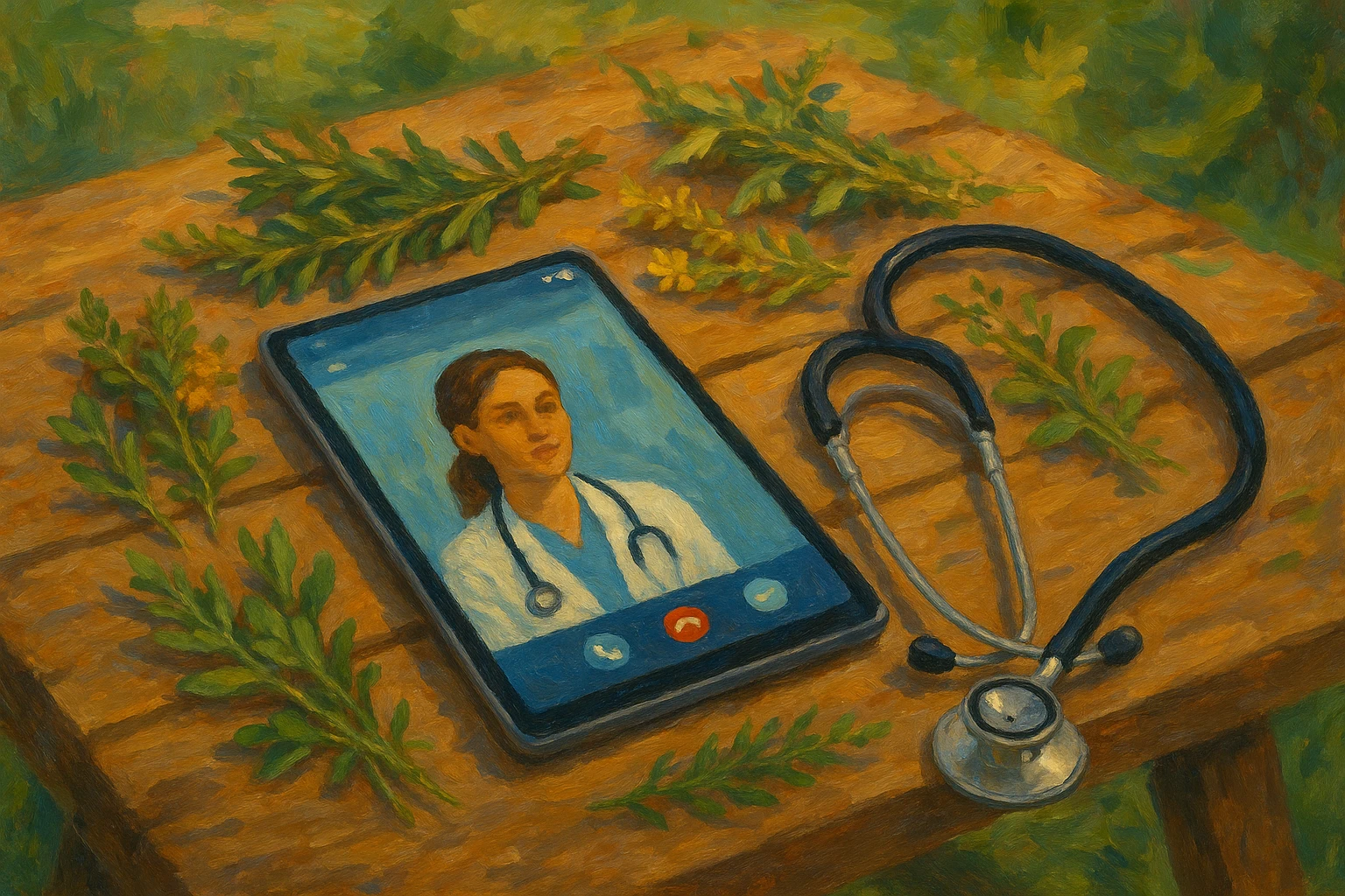 A sleek telemedicine mobile app displayed on a tablet lying on a wooden picnic table, surrounded by various herbs and a stethoscope, symbolizing accessible healthcare in an outdoor, natural setting.