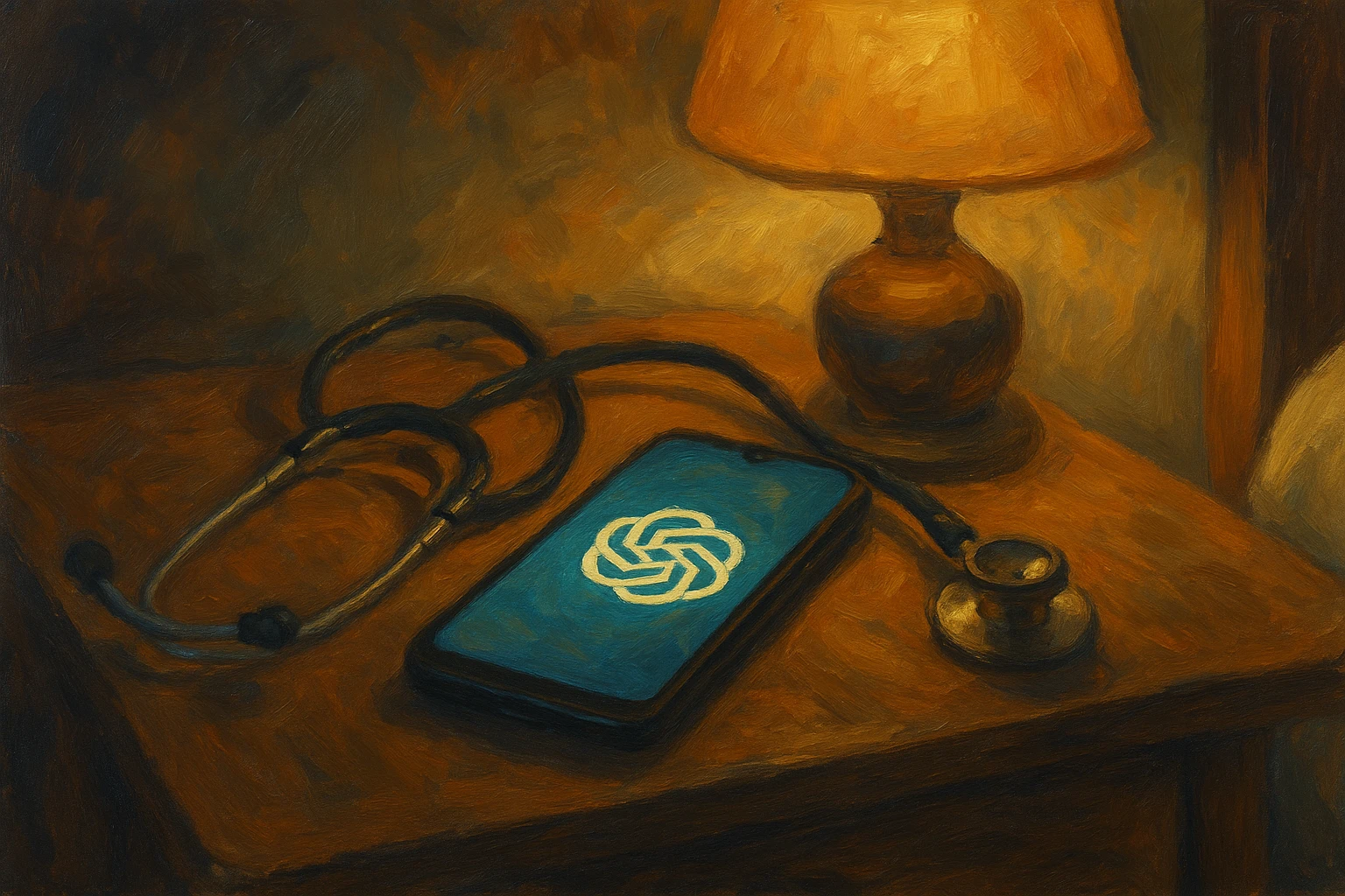 A smartphone resting on a bedside table with the app's logo displayed on the screen, surrounded by a stethoscope and a bedside lamp casting a warm glow.