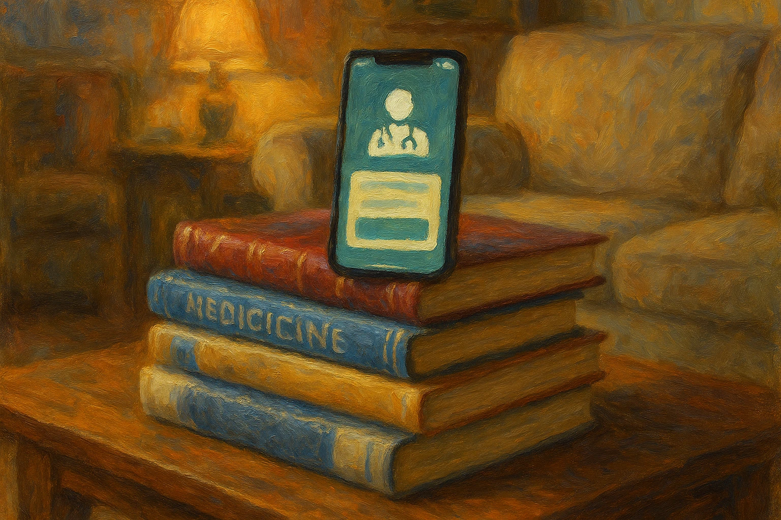 A stack of medical textbooks on a wooden coffee table, with a smartphone displaying the ChatWithDr app interface prominently in the center, surrounded by a cozy living room setting with a soft, ambient light.