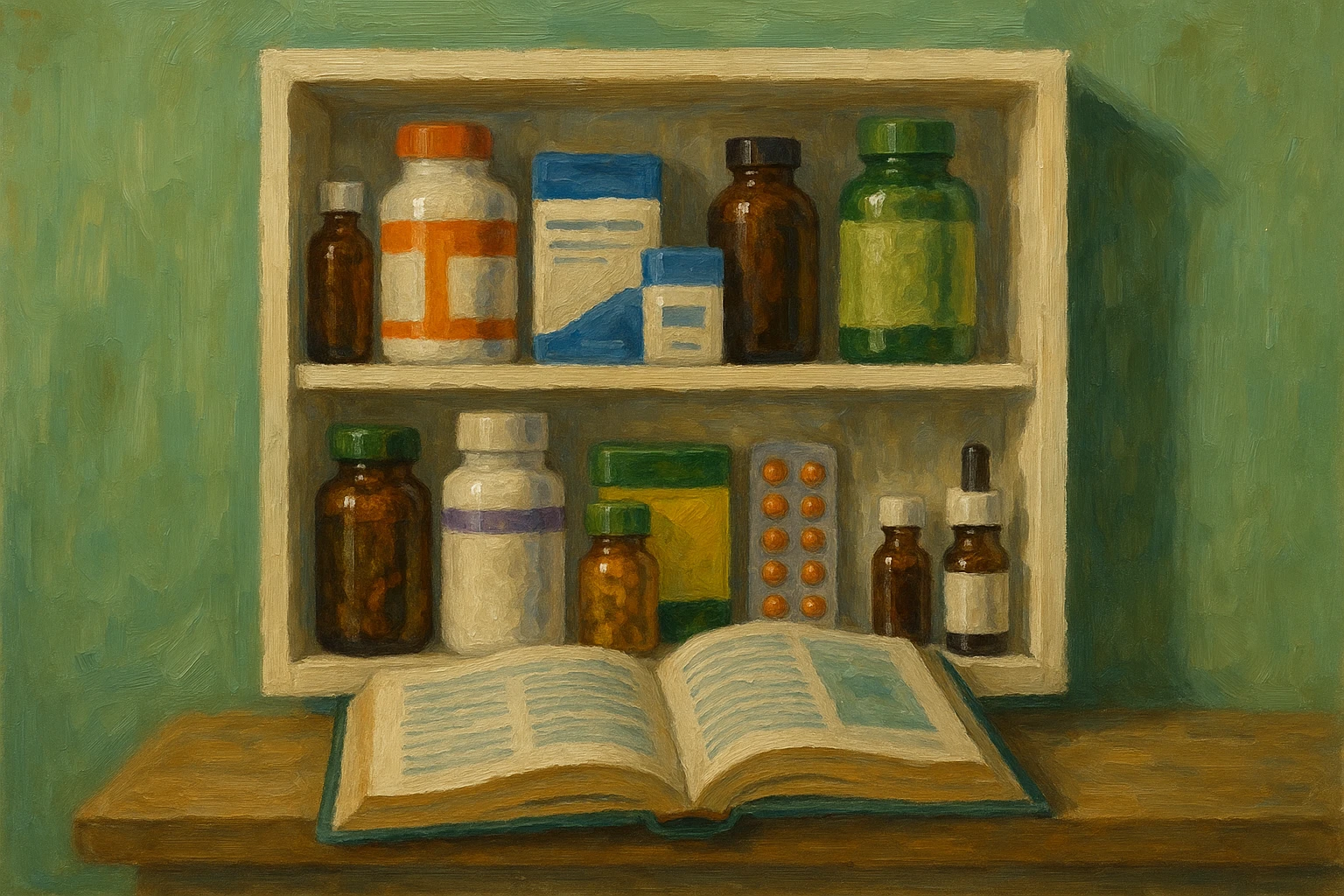 A neatly organized medicine cabinet filled with various over-the-counter medications, herbal supplements, and an open health guidebook, set against the backdrop of a calming green bathroom wall.