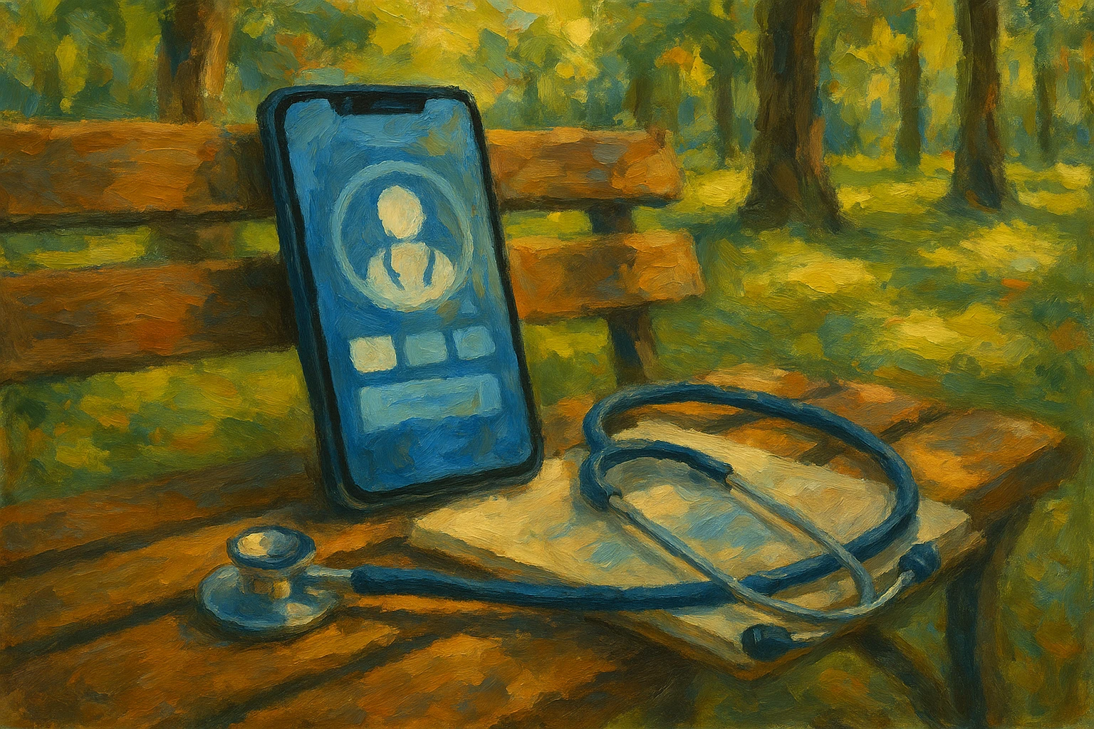 A smartphone displaying a telehealth app interface on a park bench, surrounded by trees and dappled sunlight, with a stethoscope and medical notepad beside it.