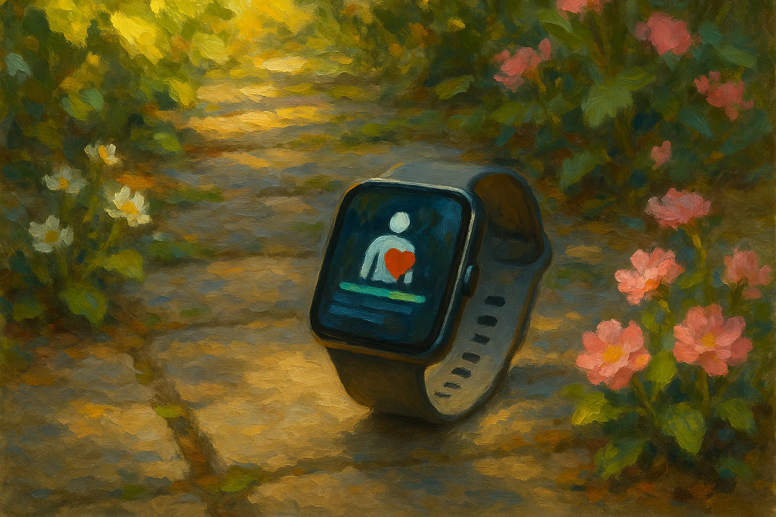 A sleek, modern smartwatch displaying a real-time health consultation notification while resting on a stone garden pathway, surrounded by blooming flowers and sunlight filtering through leaves.
