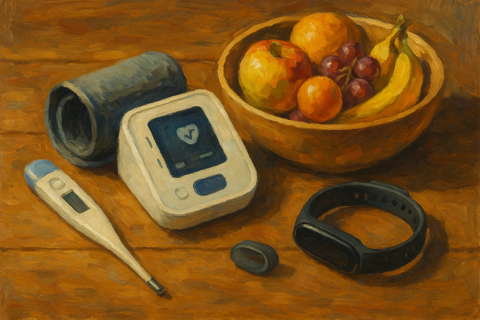 A collection of smart health devices such as a digital thermometer, a Bluetooth blood pressure monitor, and a fitness tracker laid out on a wooden kitchen table with a bowl of fresh fruit, representing seamless integration of health tech into daily life.