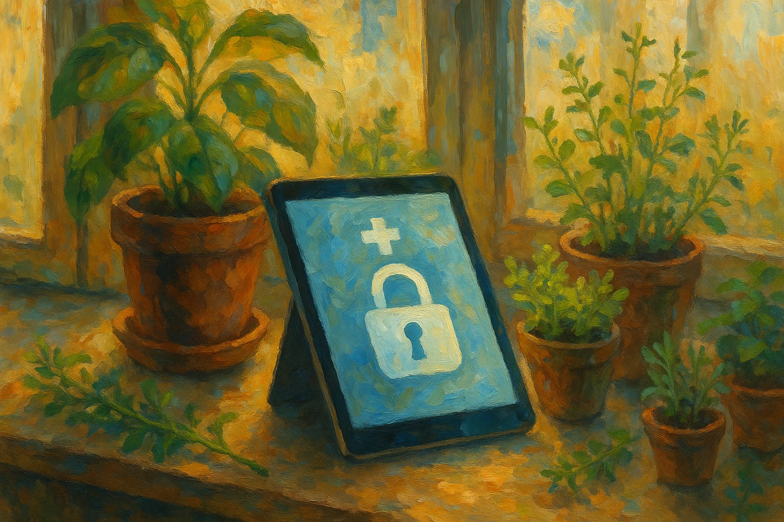 A sleek tablet displaying a healthcare app with a padlock symbol, surrounded by lush potted plants and homegrown herbs on a sunlit windowsill, emphasizing privacy and nature.