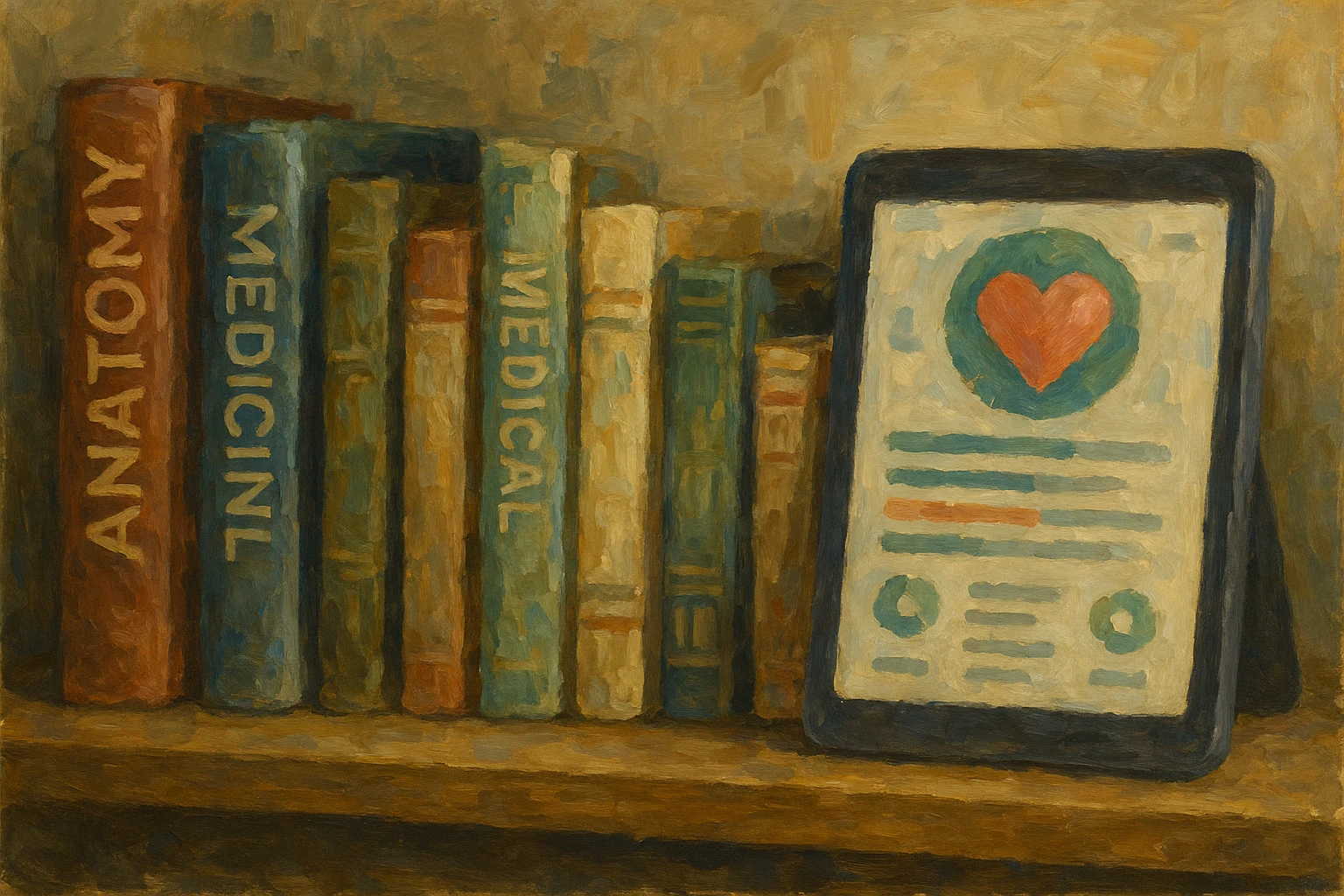 A shelf lined with various medical books and journals, next to a tablet displaying a health app interface showing personalized health tips based on user data.
