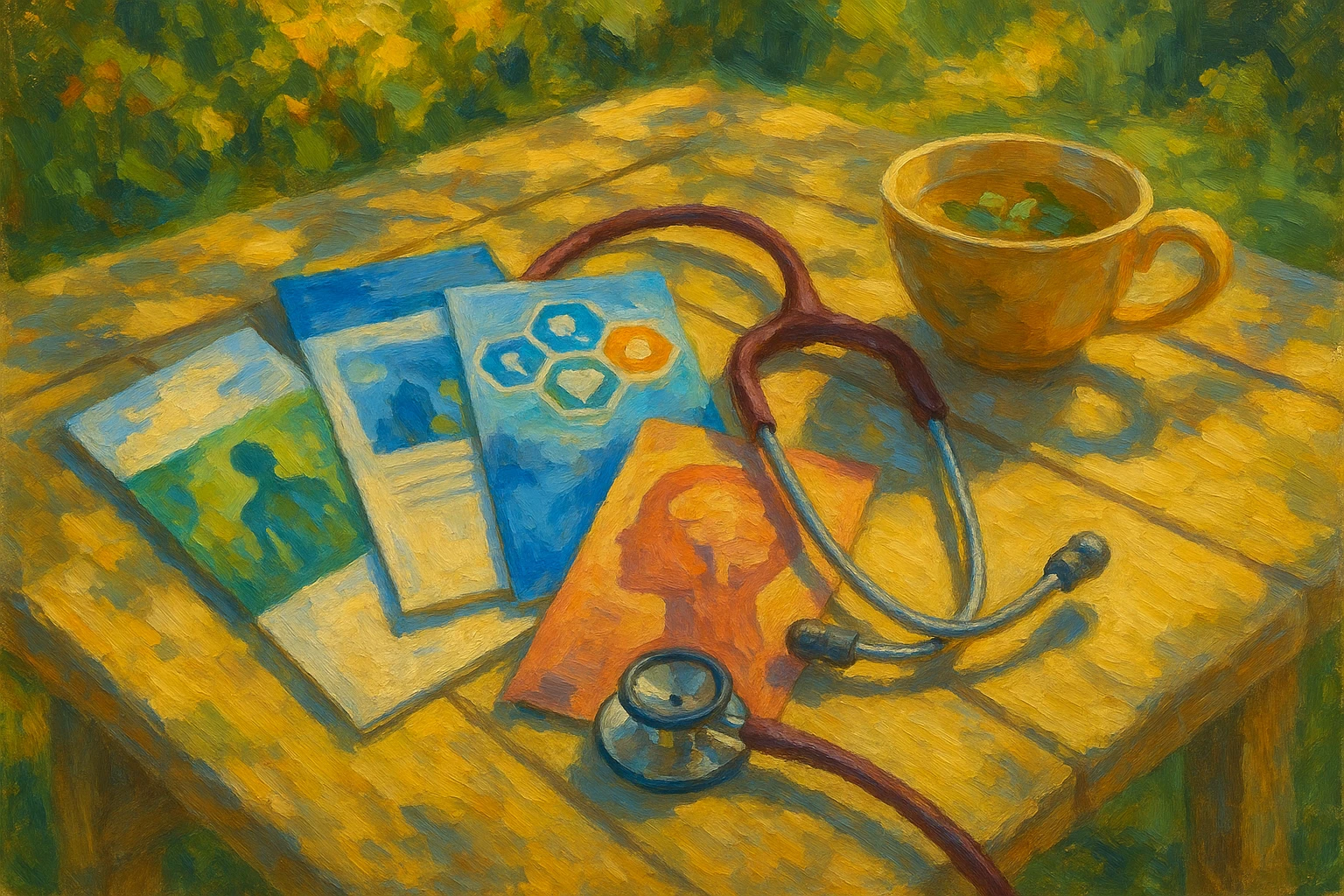 A series of brochures from the Mayo Clinic, WebMD, and the National Institutes of Health (NIH) are spread across a sunny garden table, accompanied by a stethoscope and a cup of herbal tea.