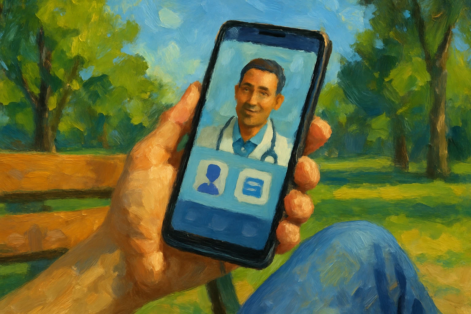 A smartphone displaying the Teladoc Health app, held by a person sitting on a park bench, with green trees and a clear blue sky in the background.