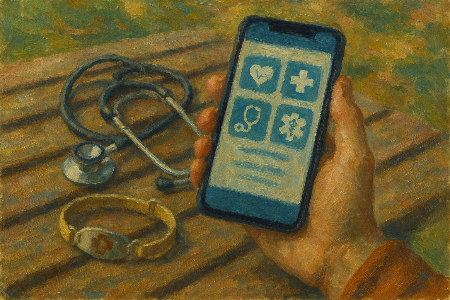 A smartphone in a person's hand displaying a medical app interface, with a stethoscope and medical ID bracelet resting on a wooden park bench nearby.
