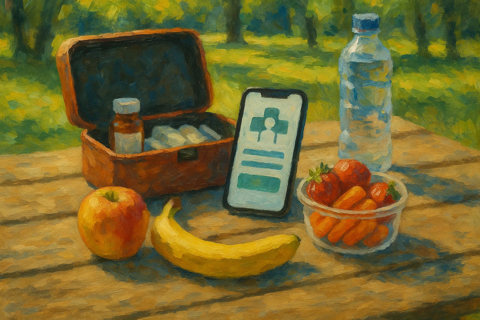 A small medical kit open on a picnic table in a sunlit park, showing a smartphone with a telemedicine app interface, surrounded by healthy snacks and a water bottle amidst lush greenery.