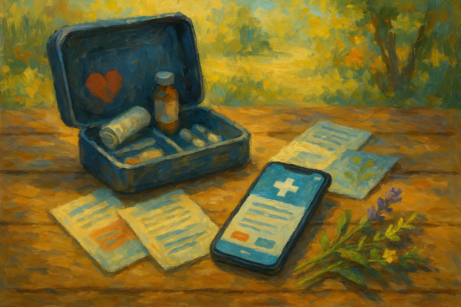 A modern medical kit open on a rustic wooden table, featuring a smartphone displaying a medical app interface, surrounded by informational pamphlets and a few medicinal herbs, set against a backdrop of a sunny garden.