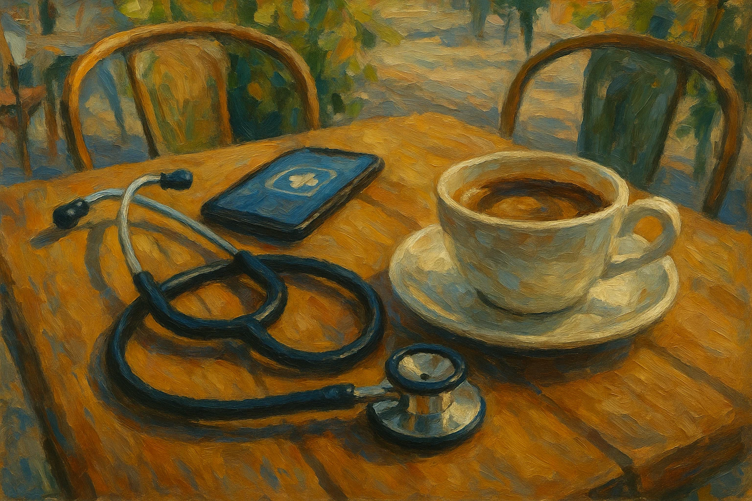 A stethoscope resting on an outdoor café table beside a cup of coffee, with a smartphone displaying a medical app icon visible in the background.
