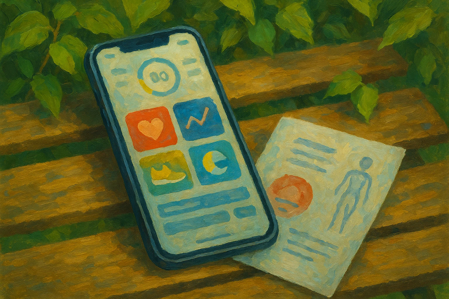 A close-up of a smartphone resting on a park bench, displaying an intuitive health app interface with colorful icons and easy navigation tools, surrounded by green leaves and a medical brochure partially visible.