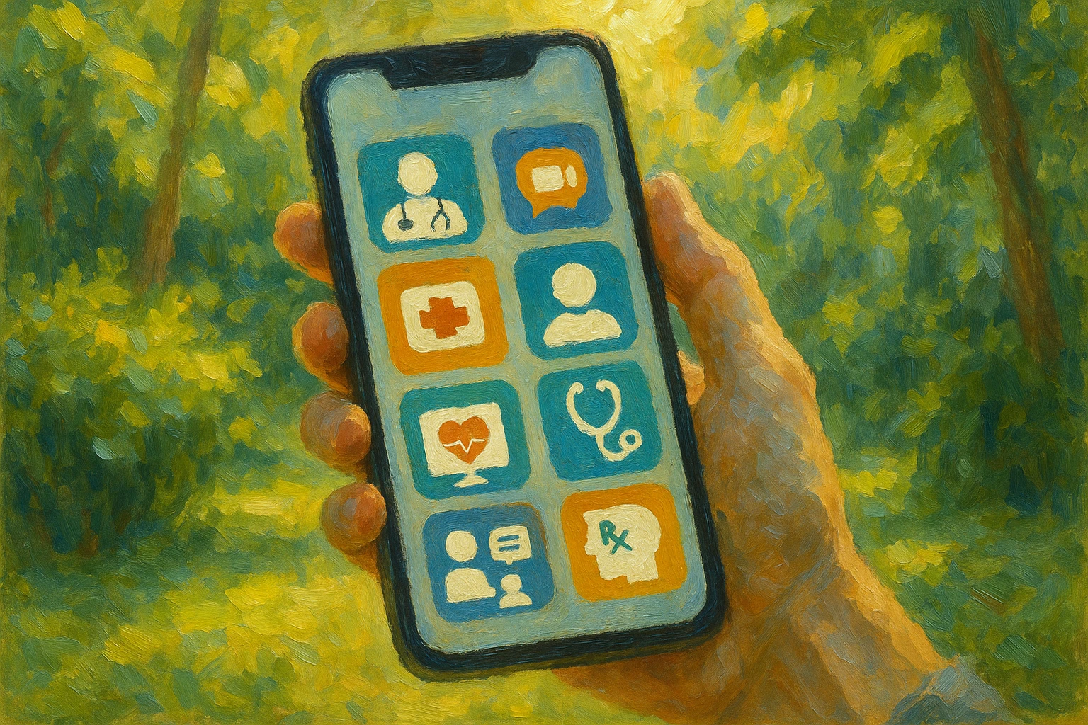 A diverse range of telehealth app icons displayed on a smartphone screen, held by a person standing in a garden, surrounded by greenery and sunlight filtering through leaves.