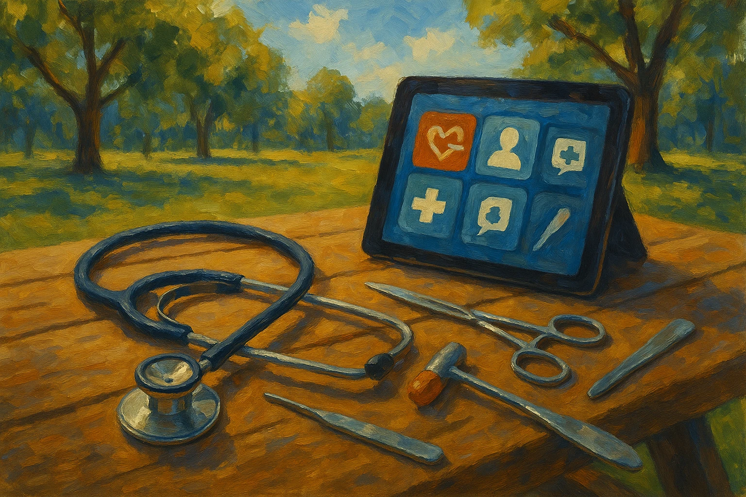 A stethoscope and various medical tools laid out on a wooden picnic table in a park, with a tablet displaying different online healthcare platform logos, under a sunny sky with trees in the background.